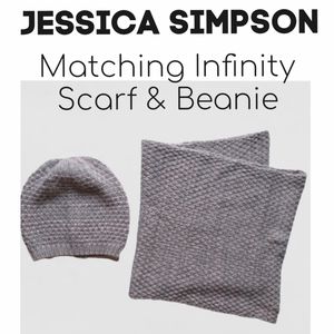 Jessica Simpson Matching Grey & Pink Knit Infinity Scarf & Beanie Set Sz OS